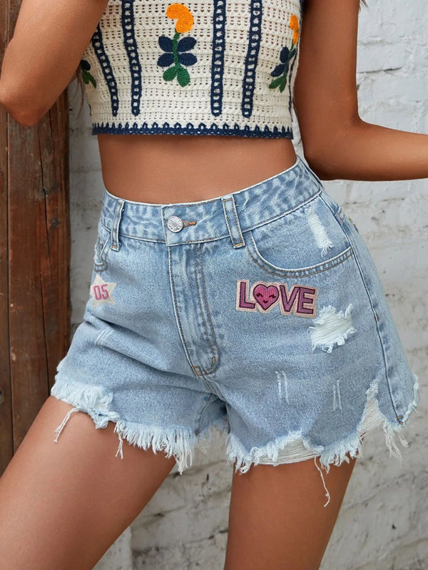 LOVE Distressed Raw Hem Denim Shorts