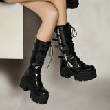 Edgy Black Patent Leather Gothic Boots with Lace - Up and Buckles - In Control Clothing