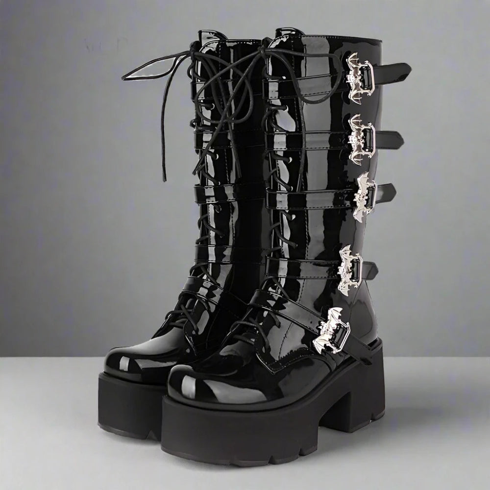 Edgy Black Patent Leather Gothic Boots with Lace - Up and Buckles - In Control Clothing