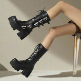 Edgy Black Patent Leather Gothic Boots with Lace - Up and Buckles - In Control Clothing