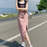 Edgy Distressed Front Split Denim Midi Skirt - In Control Clothing
