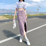 Edgy Distressed Front Split Denim Midi Skirt - In Control Clothing