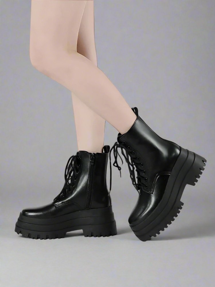 Edgy Lace-Up Combat Boots with Chunky Platform - Black - Black / US6.5