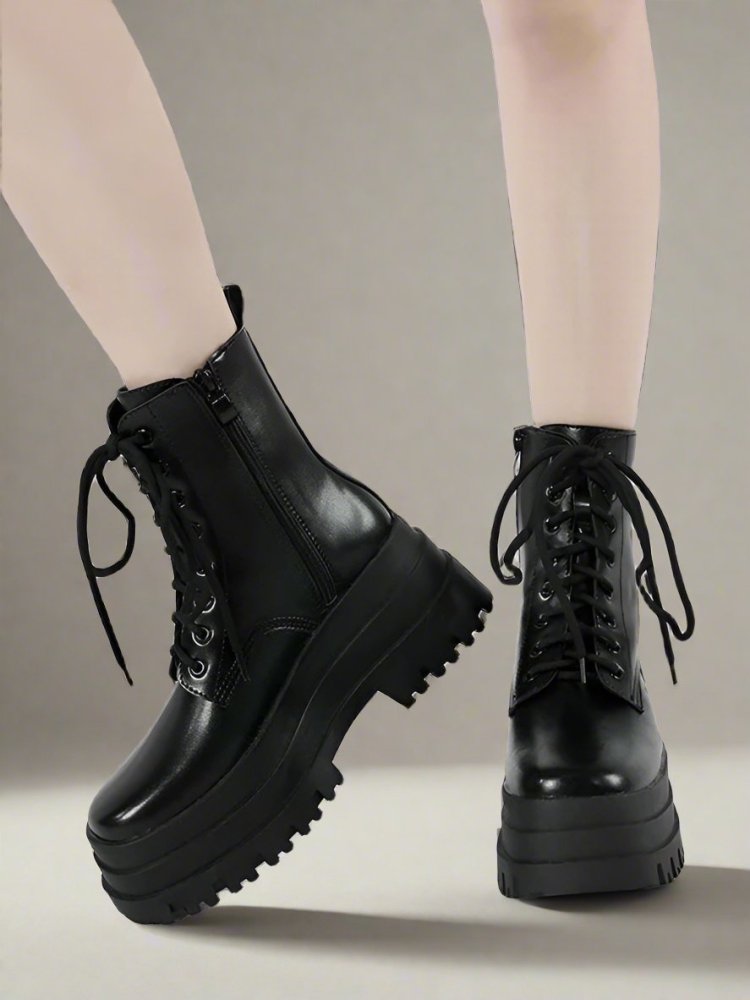 Edgy Lace Up Combat Boots with Chunky Platform Black