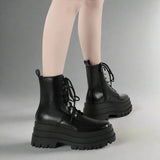 Edgy Lace - Up Combat Boots with Chunky Platform - Black - In Control Clothing
