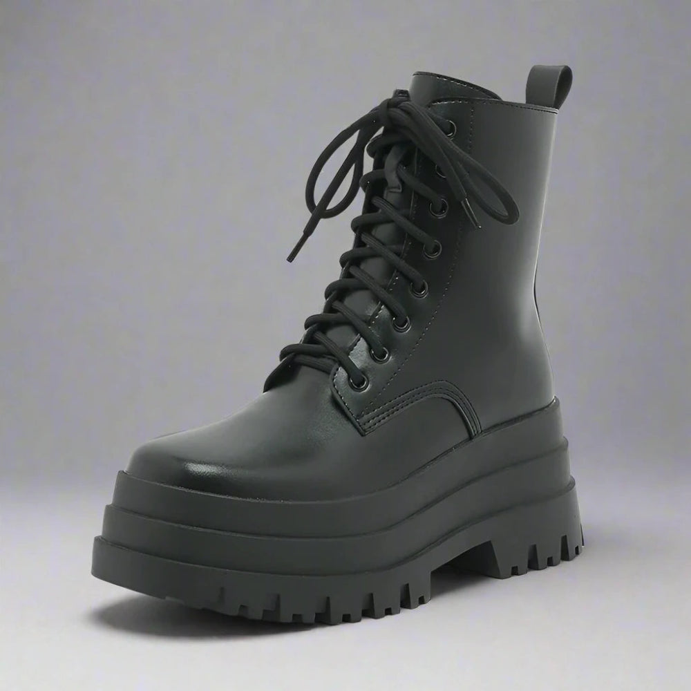 Edgy Lace - Up Combat Boots with Chunky Platform - Black - In Control Clothing