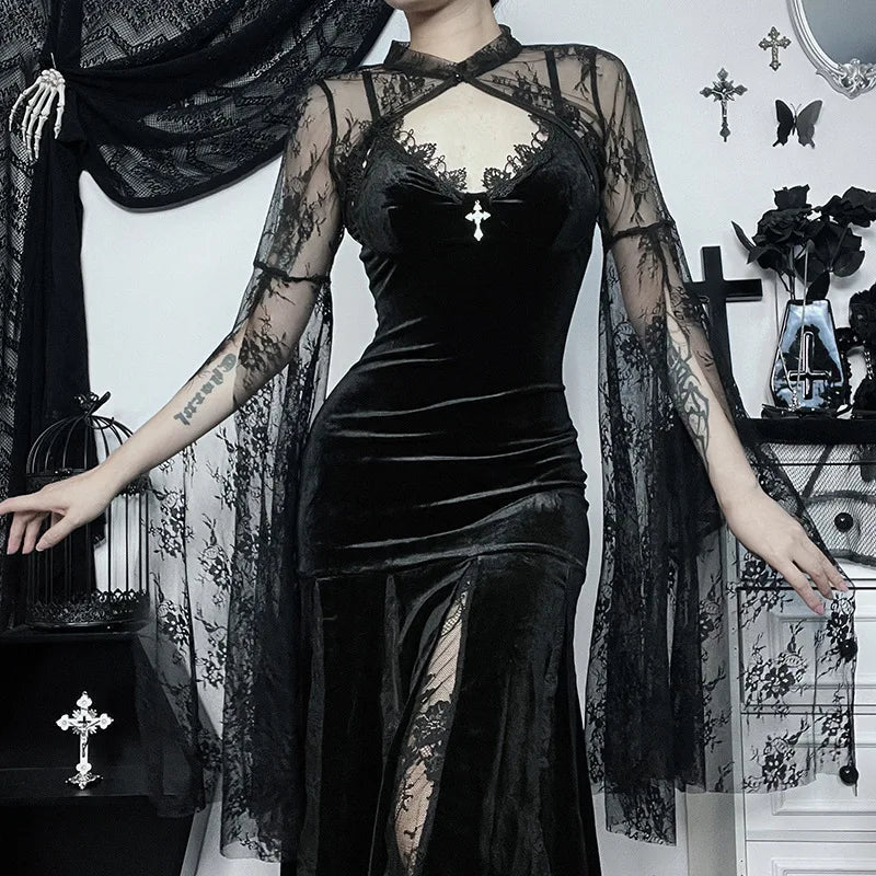 Elegant Lace Flare Sleeve Goth Cover Blouse - In Control Clothing