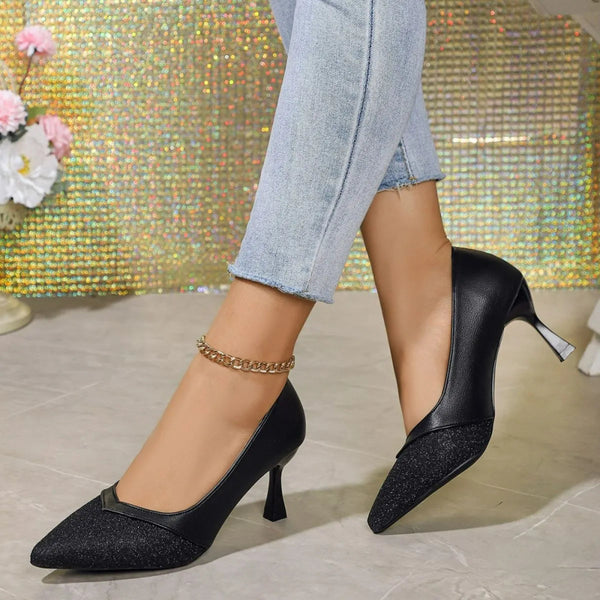 Elegant Pointed Toe Kitten Heels – Glitter Panel Pumps