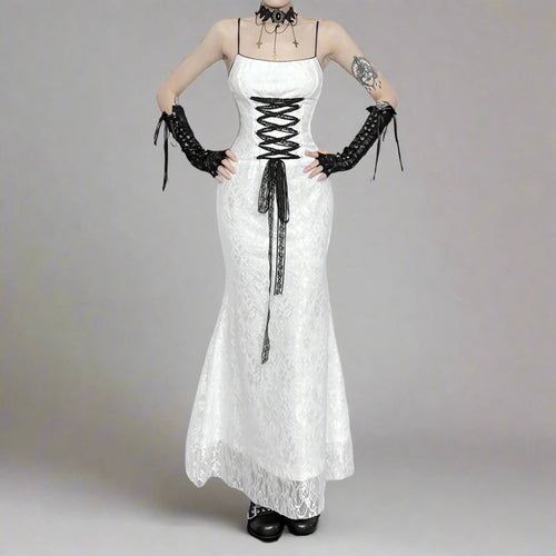 Elegant White Lace Bandage Dress with Gothic Trim