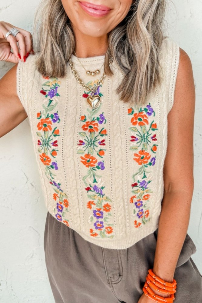 Embroidered Cable - Knit Round Neck Sweater Vest