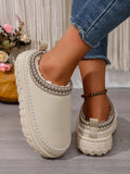 Embroidered Trim Round Toe Platform Boots