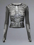 Emo Skeleton Print Mesh Women T-shirt - In Control Clothing