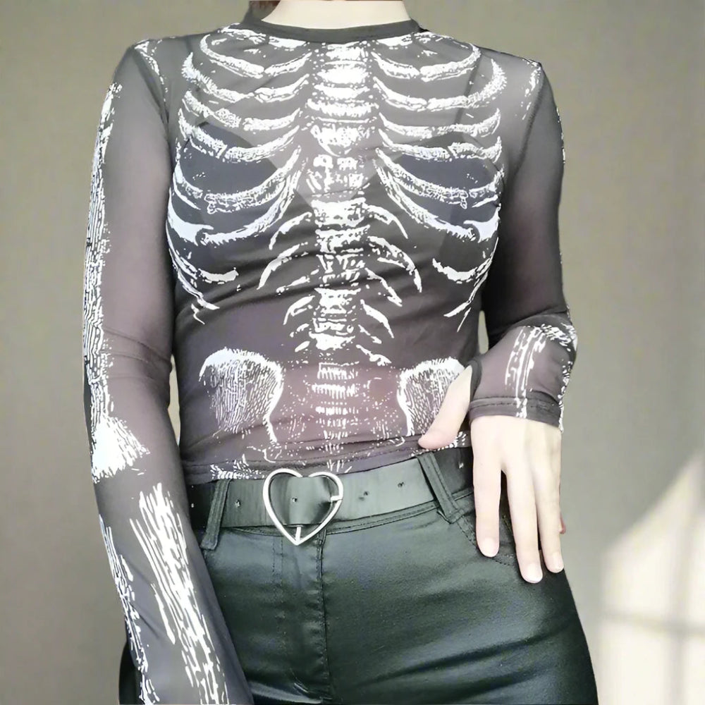 Emo Skeleton Print Mesh Women T-shirt - In Control Clothing