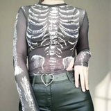 Emo Skeleton Print Mesh Women T-shirt - In Control Clothing