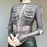 Emo Skeleton Print Mesh Women T-shirt - In Control Clothing