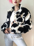 Fashion Cow Print Faux Fur Jacket - Punk Style Crop Coats - In Control Clothing
