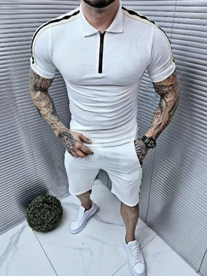 Men’s White Zip-Front Polo & Matching Shorts Set