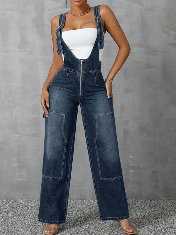 Zip Front Wide Strap Denim Overalls