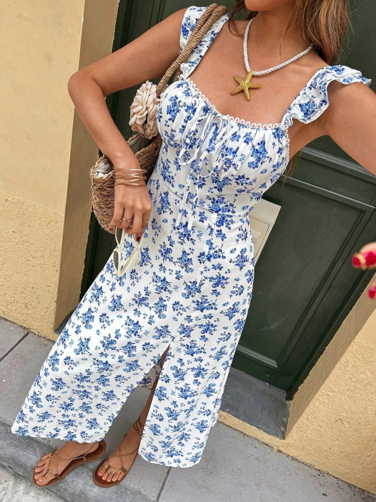 Floral Print Smocked Midi Dress with Front Slit