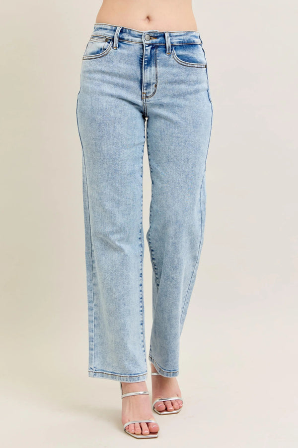 Full Size Stone Wash Straight Leg Jeans - High Waist