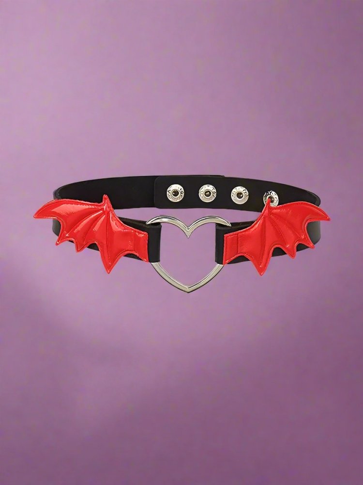 Goth Black Choker Cosplay Necklace - Harajuku Red Bat Wing Heart Pendant Choker - In Control Clothing