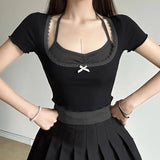 Gothic Coquette Lace Top – Dark Fashion with Elegant Bow - In Control Clothing