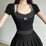 Gothic Coquette Lace Top – Dark Fashion with Elegant Bow - In Control Clothing