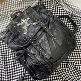 Gothic Cross Chain Backpack | Studded Black Leather with Silver Chains - In Control Clothing