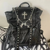Gothic Cross Chain Backpack | Studded Black Leather with Silver Chains - In Control Clothing