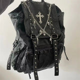 Gothic Cross Chain Backpack | Studded Black Leather with Silver Chains - In Control Clothing
