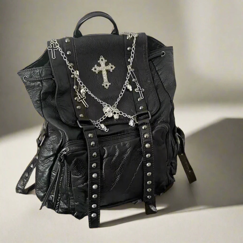 Gothic Cross Chain Backpack | Studded Black Leather with Silver Chains - In Control Clothing