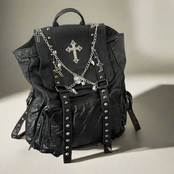 Gothic Cross Chain Backpack | Studded Black Leather with Silver Chains