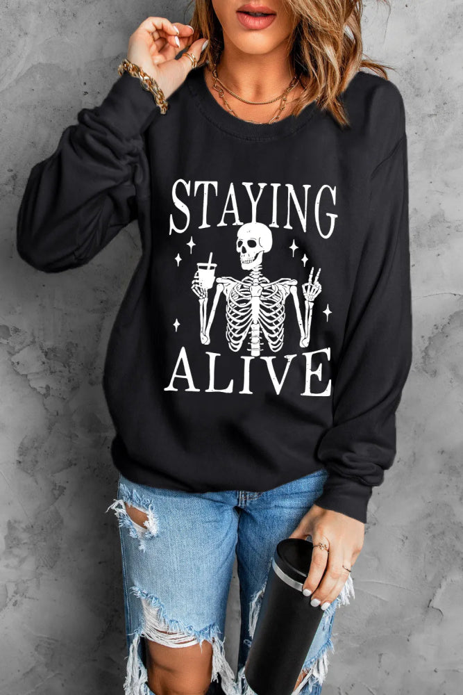 Gothic Skull Graphic Long Sleeve Sweatshirt for Women - In Control Clothing