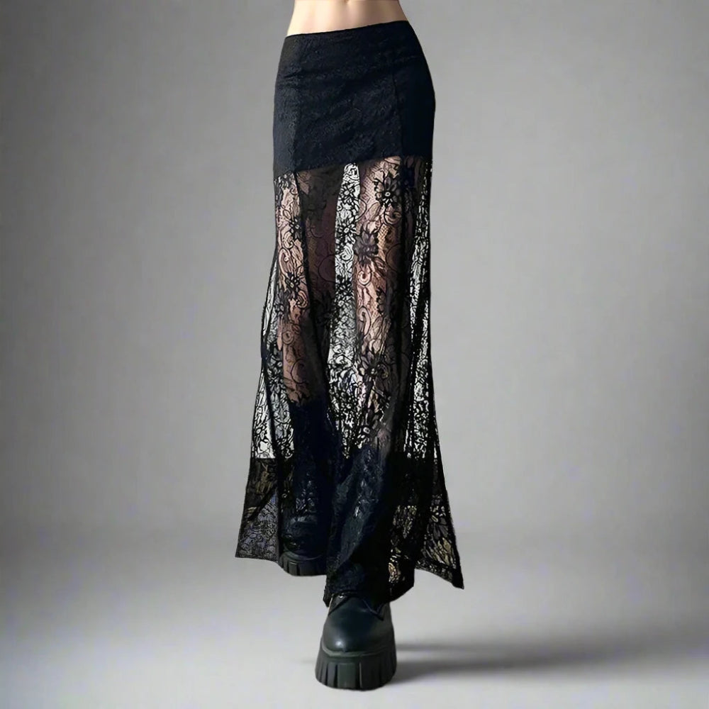 Gothic Style Lace Patchwork Long Maxi Skirt - In Control Clothing