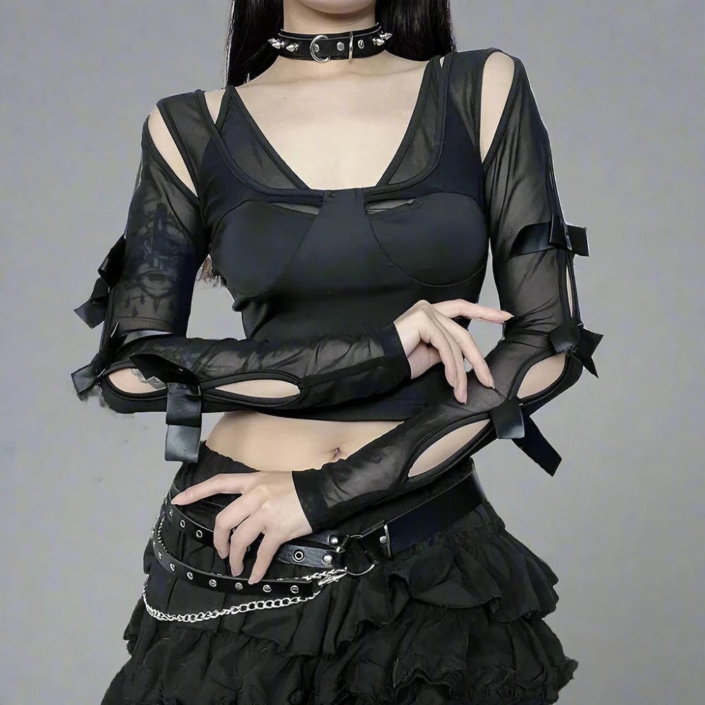 Gothic Style Mesh Patchwork See Through Crop Top - In Control Clothing