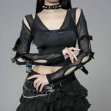 Gothic Style Mesh Patchwork See Through Crop Top - In Control Clothing