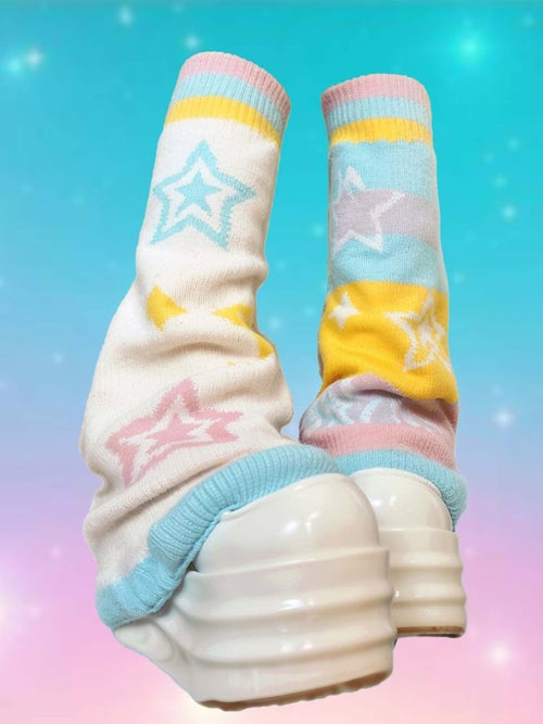 Harajuku Candy Striped Star Leg Warmers - Y2K Women Knit Socks