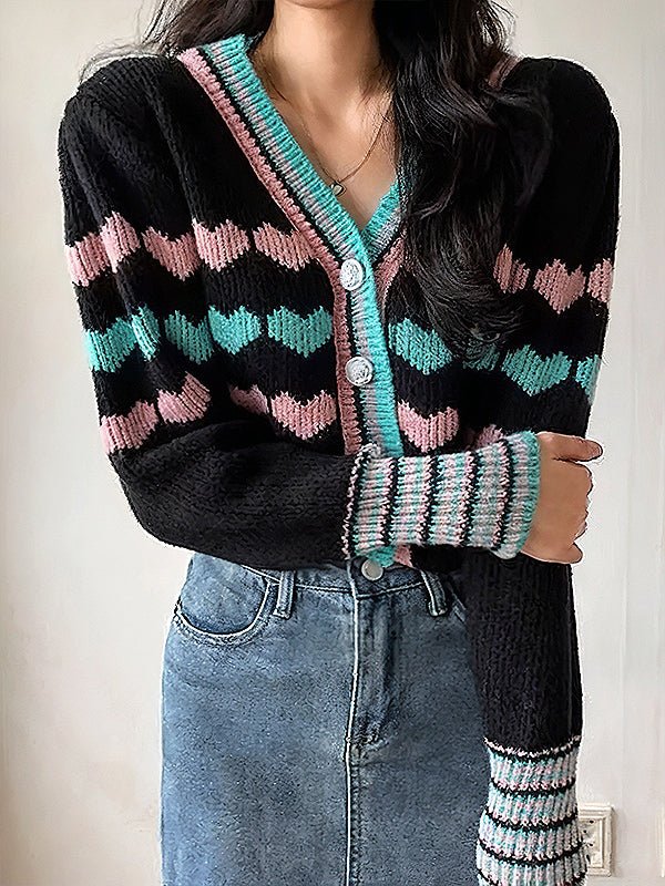 Heart Pattern Crop Cardigan Sweater - In Control Clothing