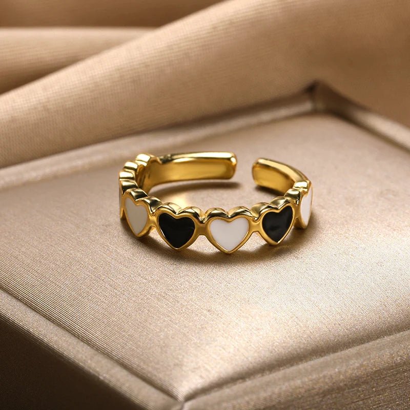 Heart Ring with Black and White Detail Hearts in Gold Finish - In Control Clothing