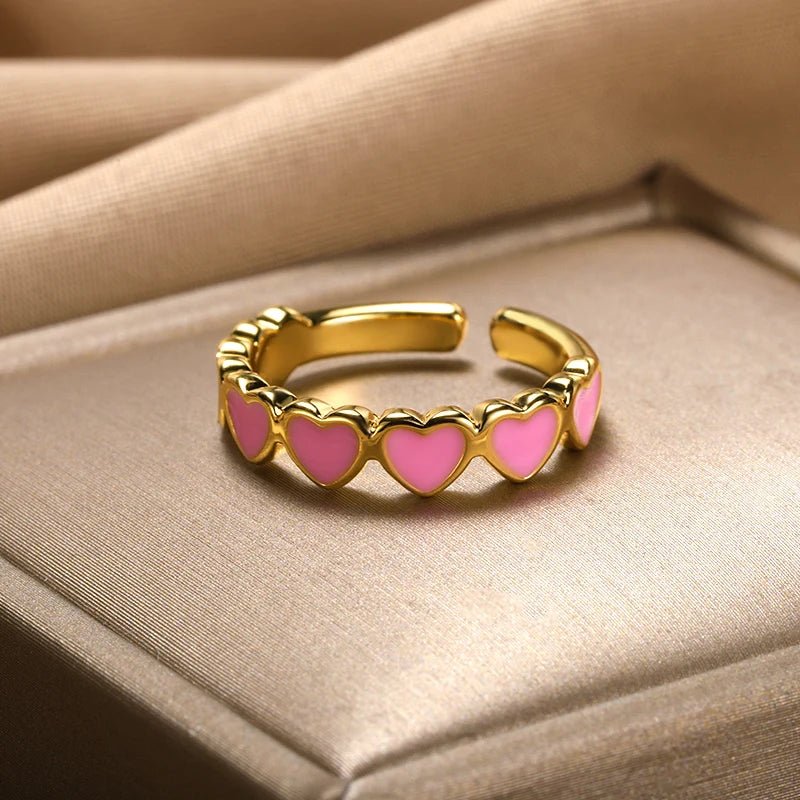 Heart Ring with Pink Detail Hearts in Gold Finish - In Control Clothing