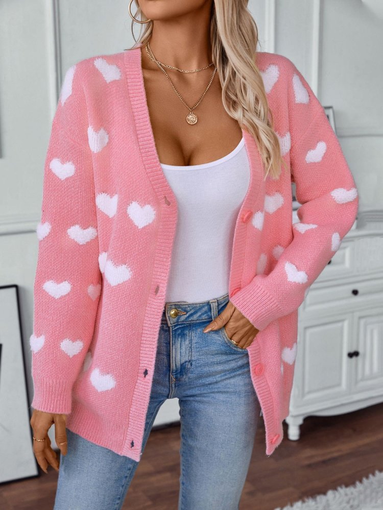Heart V - Neck Button Up Long Sleeve Cardigan