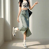 High Waist Blue Denim Skirt with Front Slit – Streetwear Style - In Control Clothing