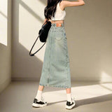 High Waist Blue Denim Skirt with Front Slit – Streetwear Style - In Control Clothing