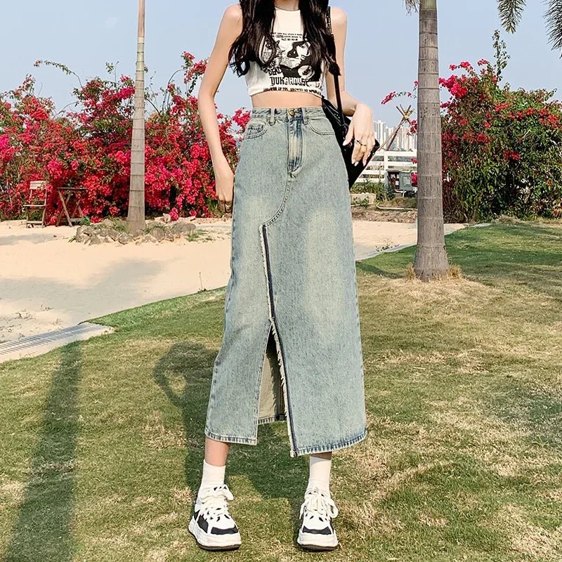 High Waist Blue Denim Skirt with Front Slit – Streetwear Style - In Control Clothing