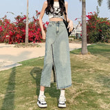 High Waist Blue Denim Skirt with Front Slit – Streetwear Style - In Control Clothing