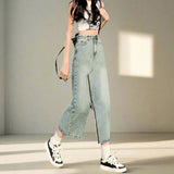 High Waist Blue Denim Skirt with Front Slit – Streetwear Style - In Control Clothing