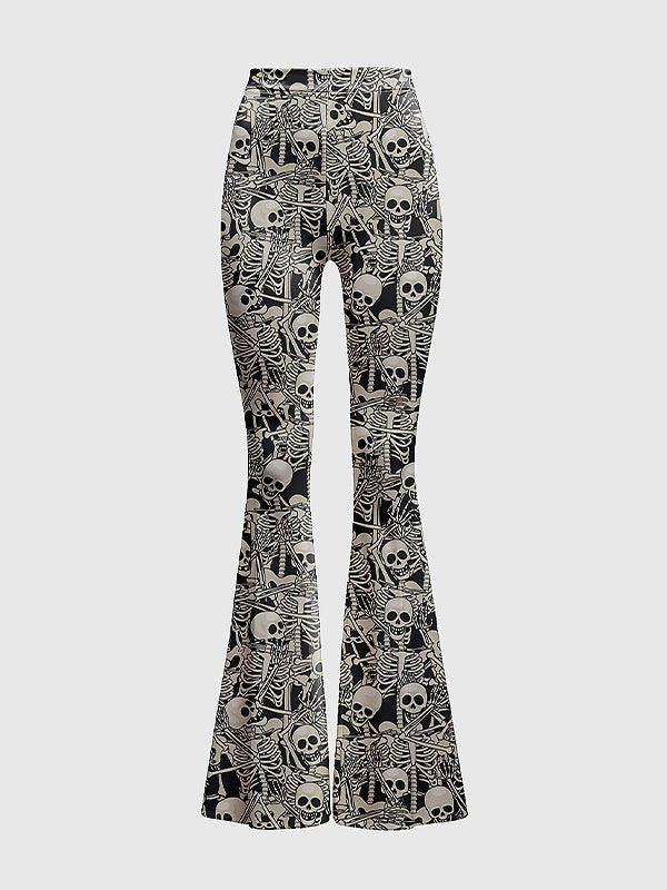 High - Waisted Skull Print Flare Pants - In Control Clothing