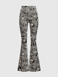 High - Waisted Skull Print Flare Pants - In Control Clothing