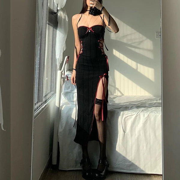 Hollow Out Black Midi Dresses - Bow Detail