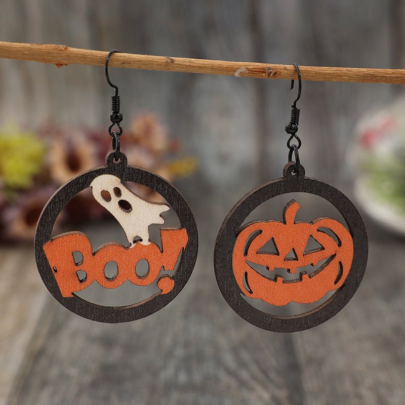 Hollow Pumpkin & Letter Wooden Earrings - In Control Clothing